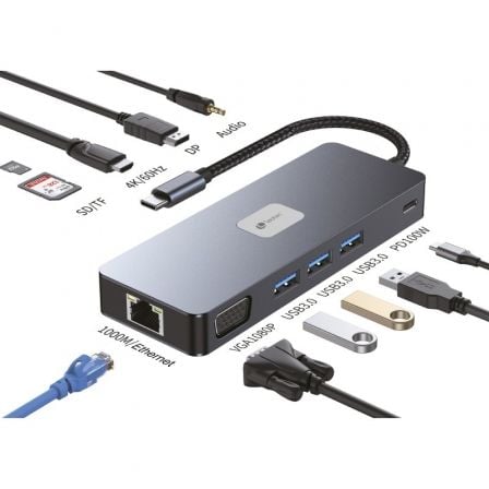Docking USB Tipo-C Leotec LEDS03/ 3xUSB/ 1xUSB Tipo-C PD/ 1xHDMI 4K/ 1 xDisplayPort/ 1xVGA/ 1xAudio/ 1xRJ45/ 1xLector Tarjetas SD y MicroSD/ Gris